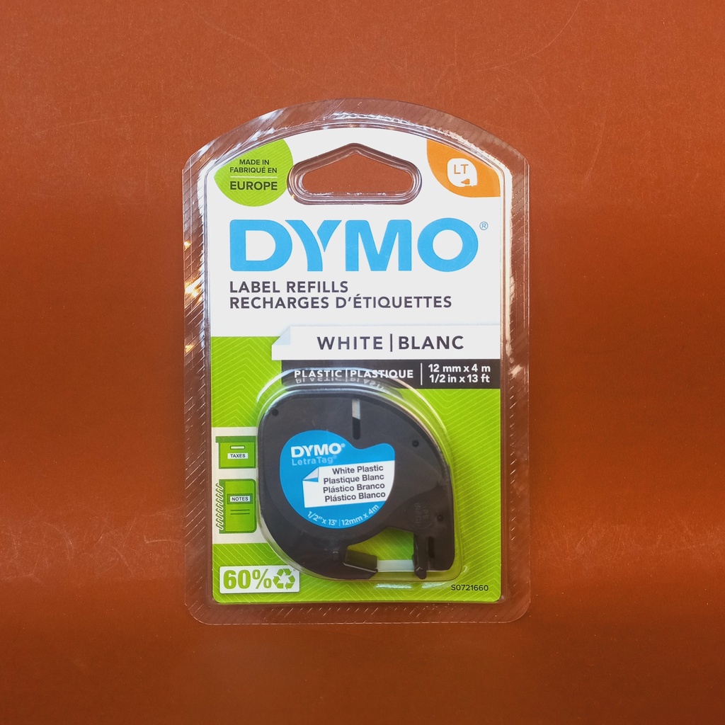 Tape Plastic (Dymo) LetraTag 12mm x 4m-1/2inch x 13 ft 91201